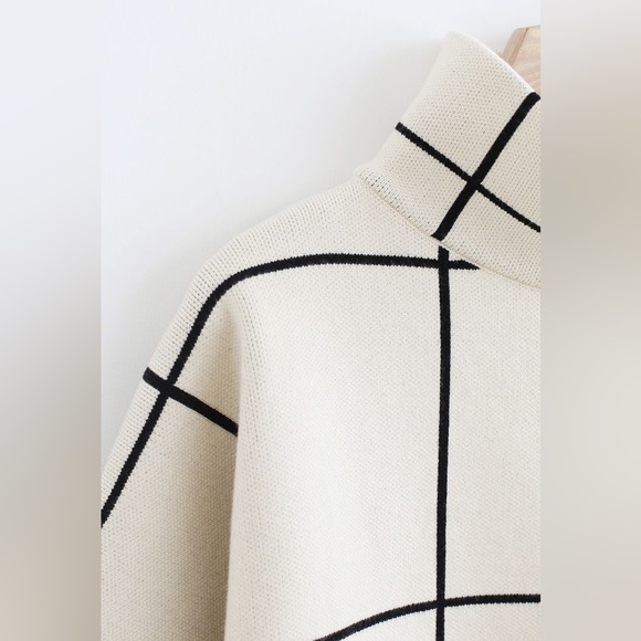 Chic Wish Drop Shoulder Wool Mock Neck Sweater Grid Turtleneck Windowpane - Picture 3 of 15